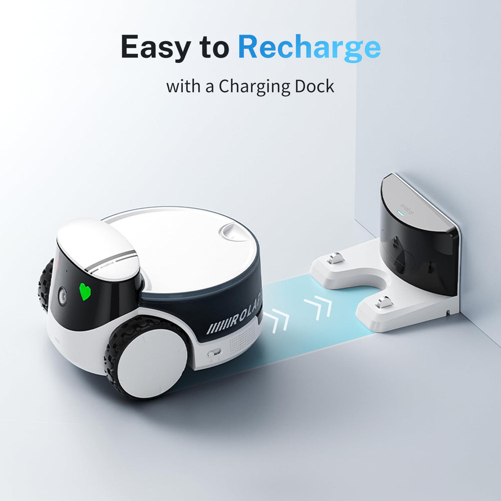 Enabot EBO ROLA PetPal charging dock ensures quick, tidy recharging.