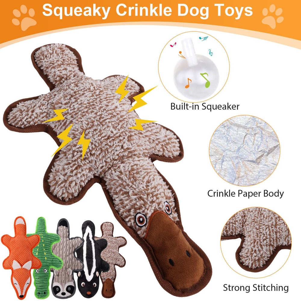 Eneston raccoon toy with squeaker and crinkle for lively solo and interactive play.