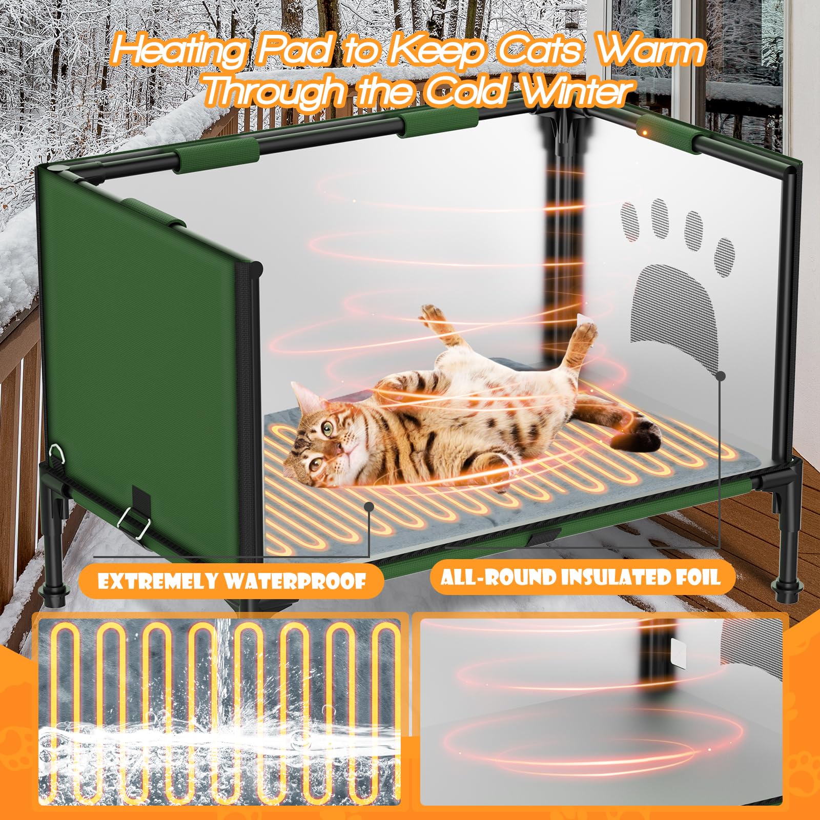 Engtesy outdoor cat house elevated base keeps paws dry and away from cold ground