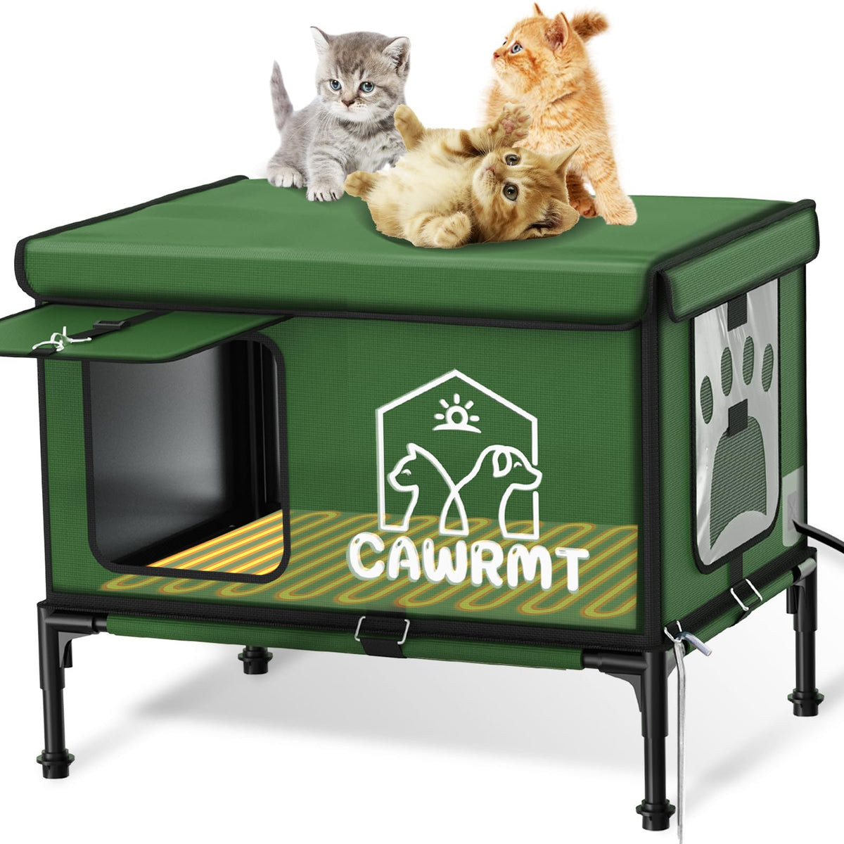 Engtesy Outdoor Cat House waterproof exterior in green protects from rain and snow.