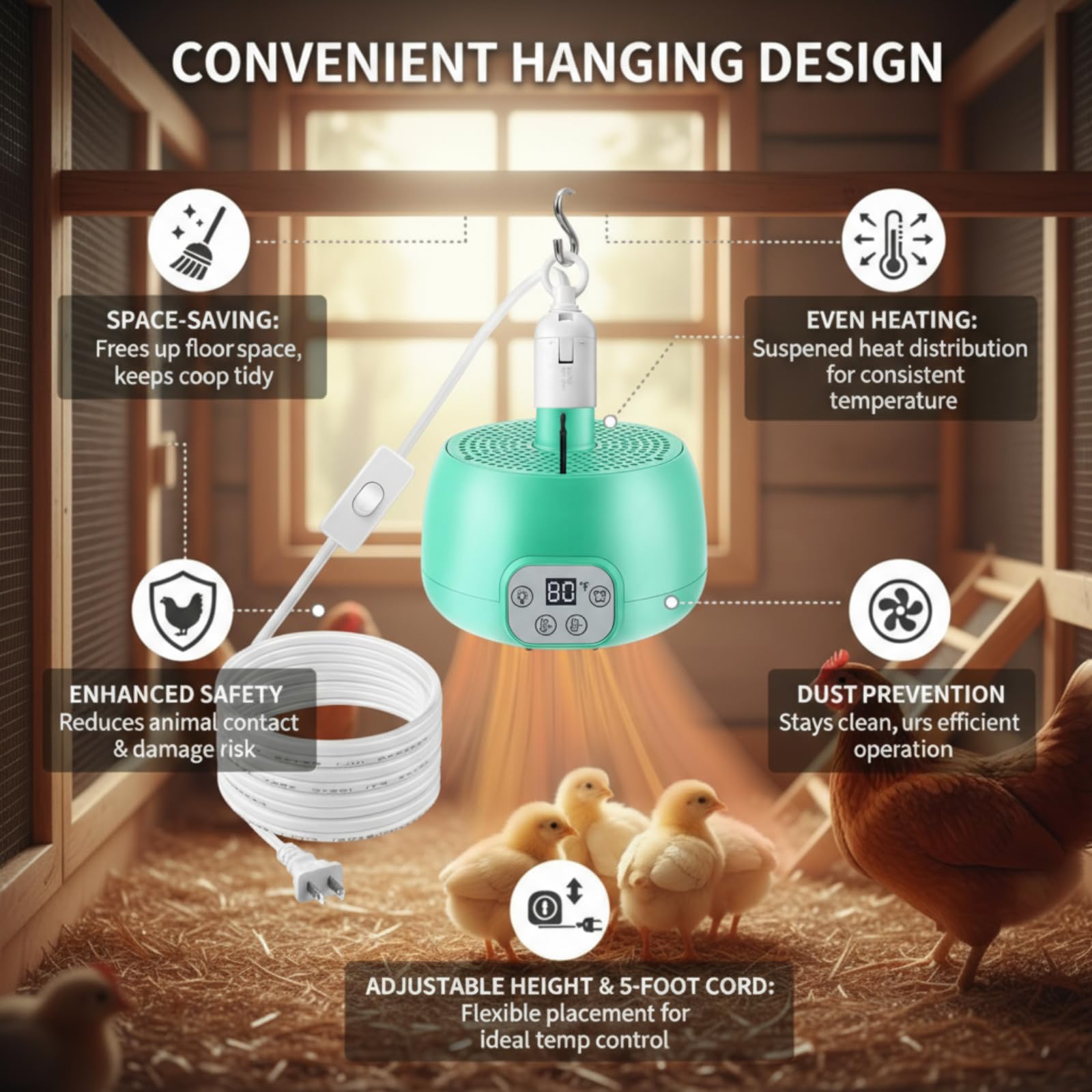 Enhon 1 Set Chicken Coop Heater shown in indoor outdoor use for versatile environments.