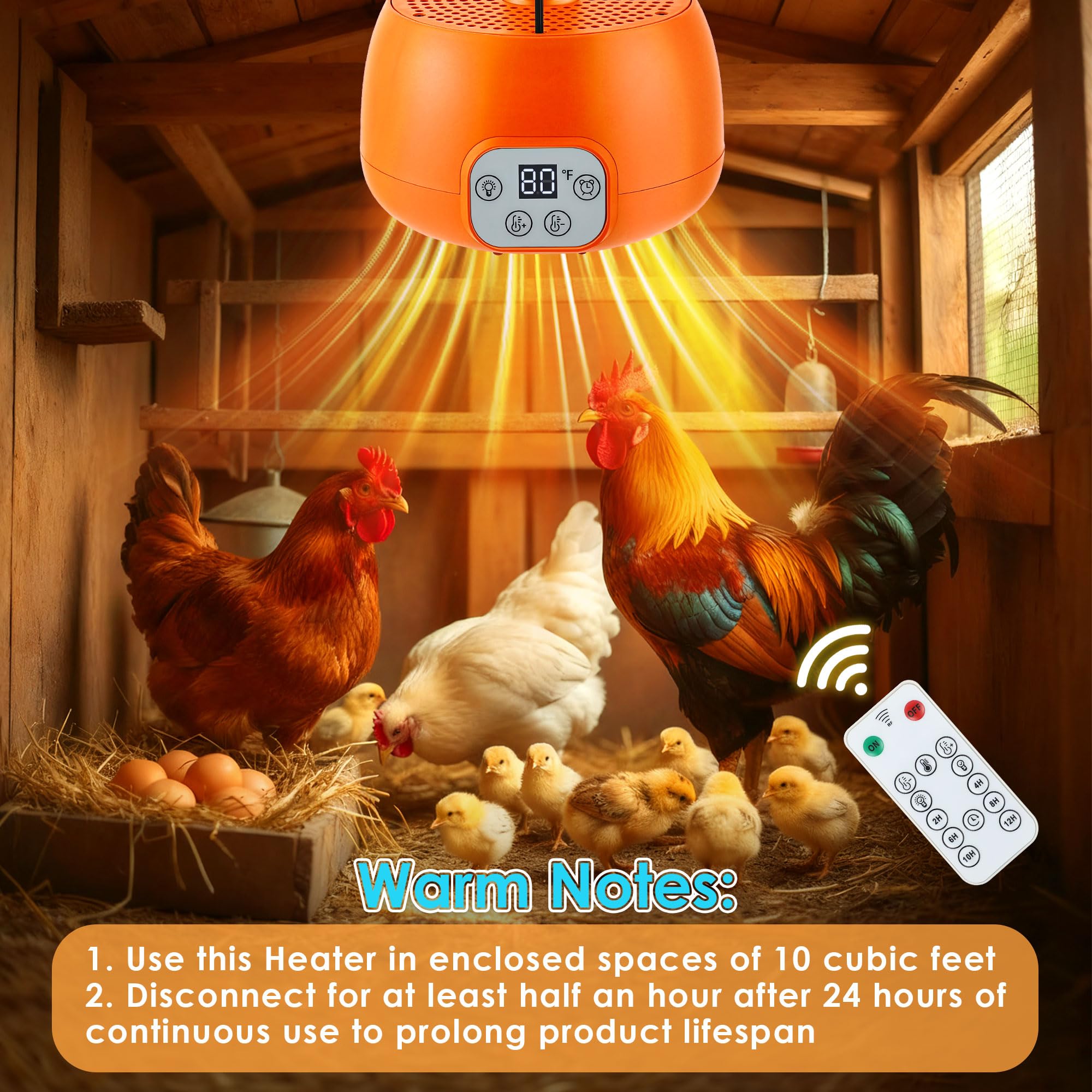 Enhon chicken coop heater circulation fan evenly distributes warmth for consistent comfort.