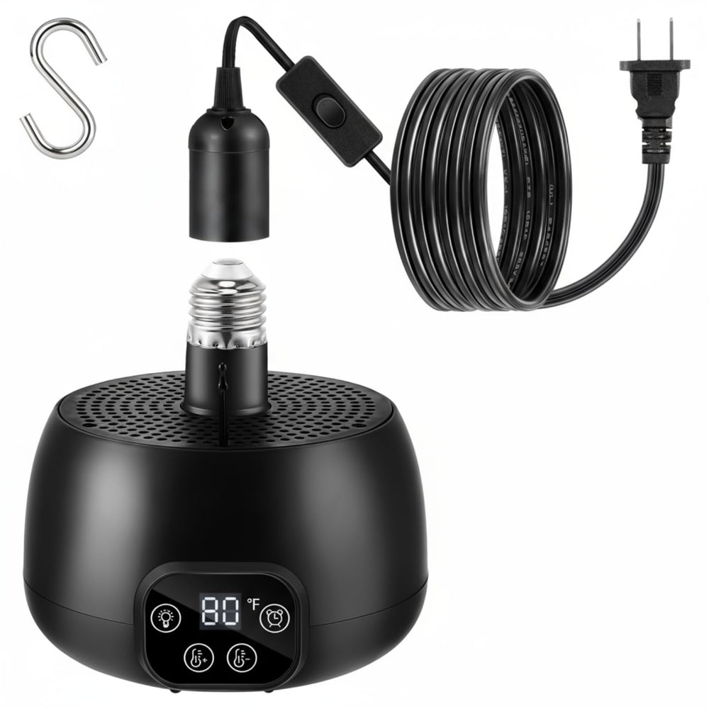Enhon chicken coop heater with LED lighting warms the coop while providing illumination.