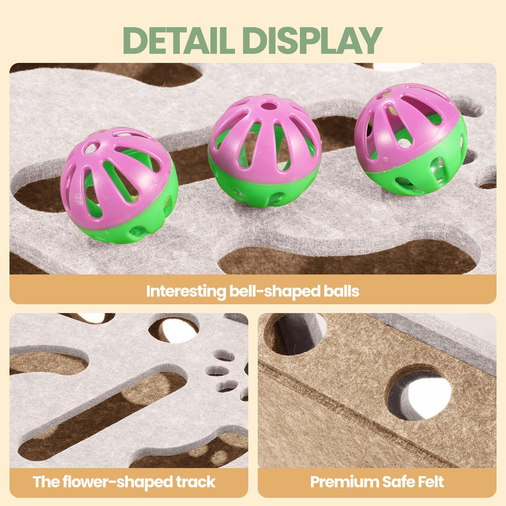 Enioem interactive cat toy puzzle box bell balls highlight lively motion and auditory curiosity.