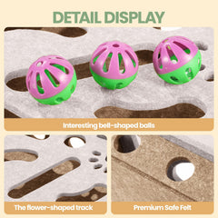Enioem interactive cat toy puzzle box bell balls highlight lively motion and auditory curiosity.
