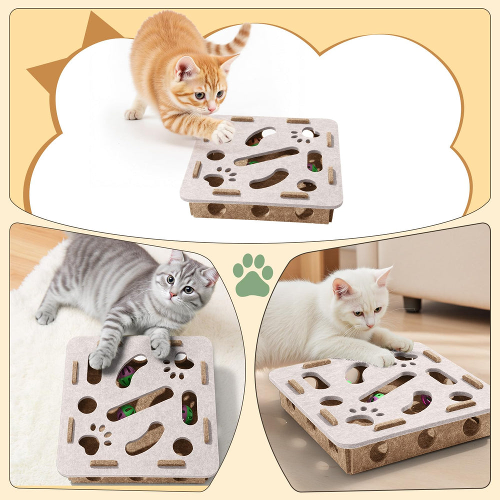 Enioem interactive cat toy puzzle box side view highlights sturdy felt construction for daily use.