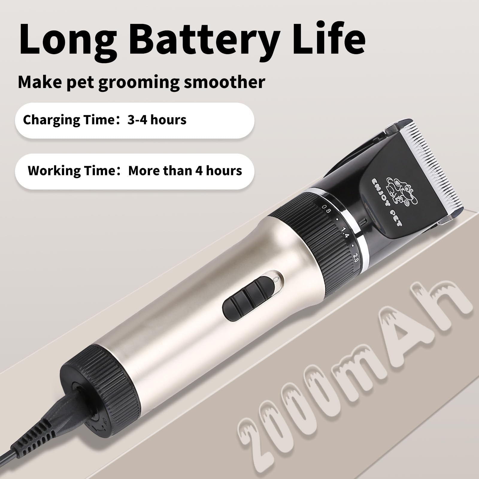 ENJOY PET cordless grooming shaver enables cord-free grooming sessions.