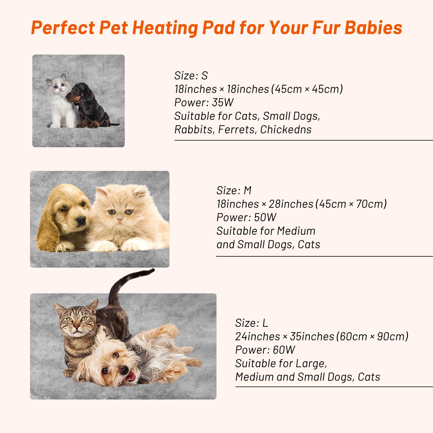 ENJOY PET heating pad three-sizes-available alongside size chart.