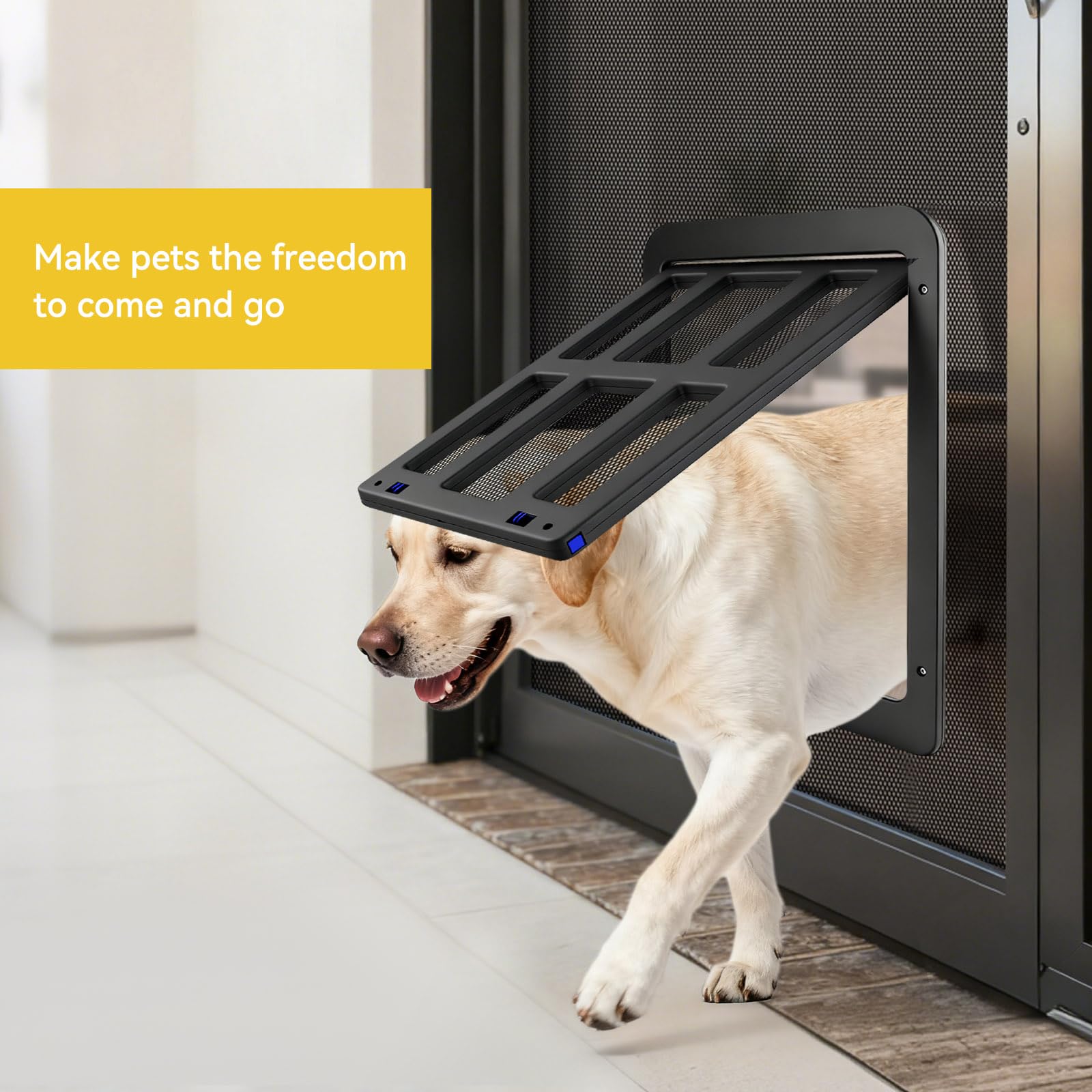 Enjoying dog door magnetic flap action shows smooth, controlled passage for pets.