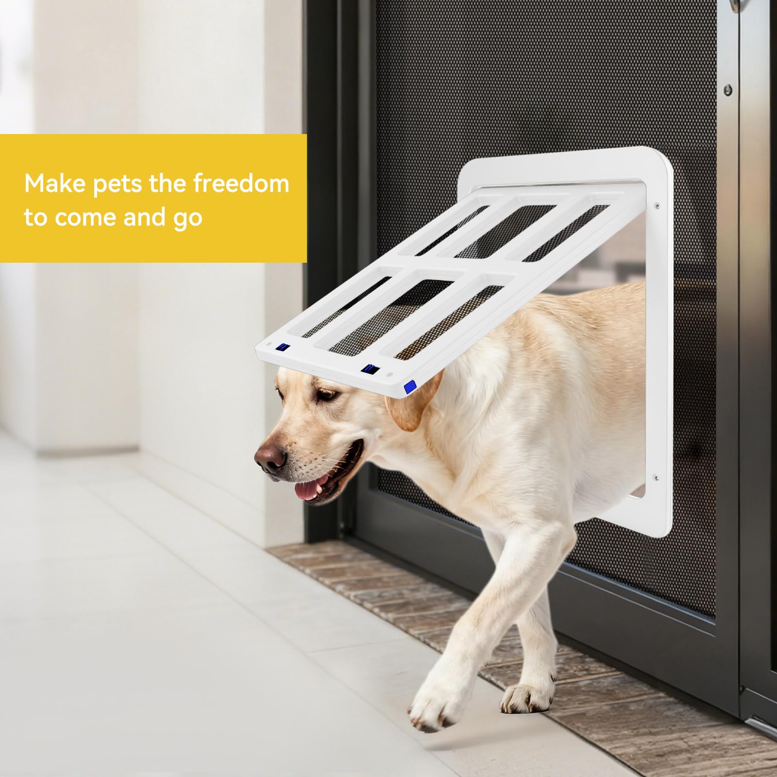 Enjoying dog door magnetic flap in use for quiet, controlled entries.