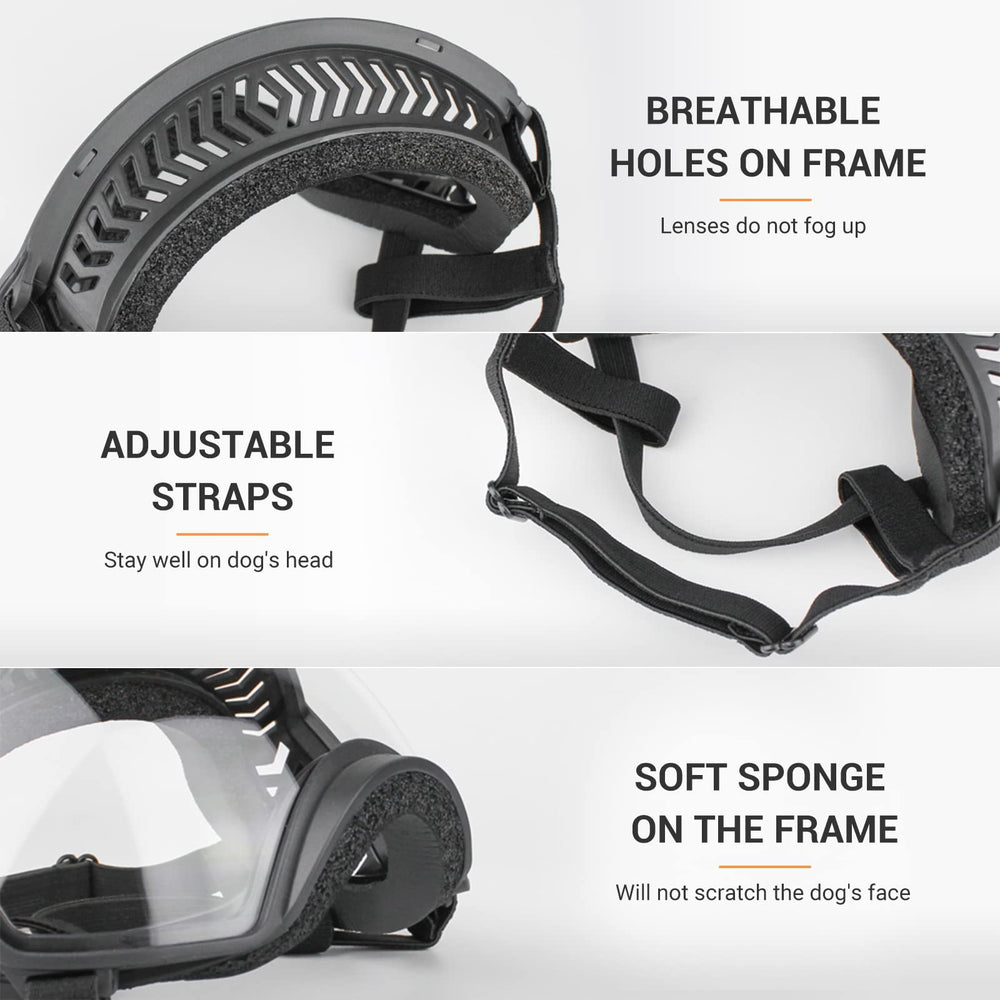 Enjoying Clear Dog Goggles provide UV and wind protection for snow days and dusty trails.