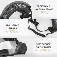 Enjoying Clear Dog Goggles provide UV and wind protection for snow days and dusty trails.