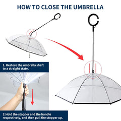 Enjoying-ergonomic-c-shape-handle-umbrella offers secure grip for hands during drizzly strolls.