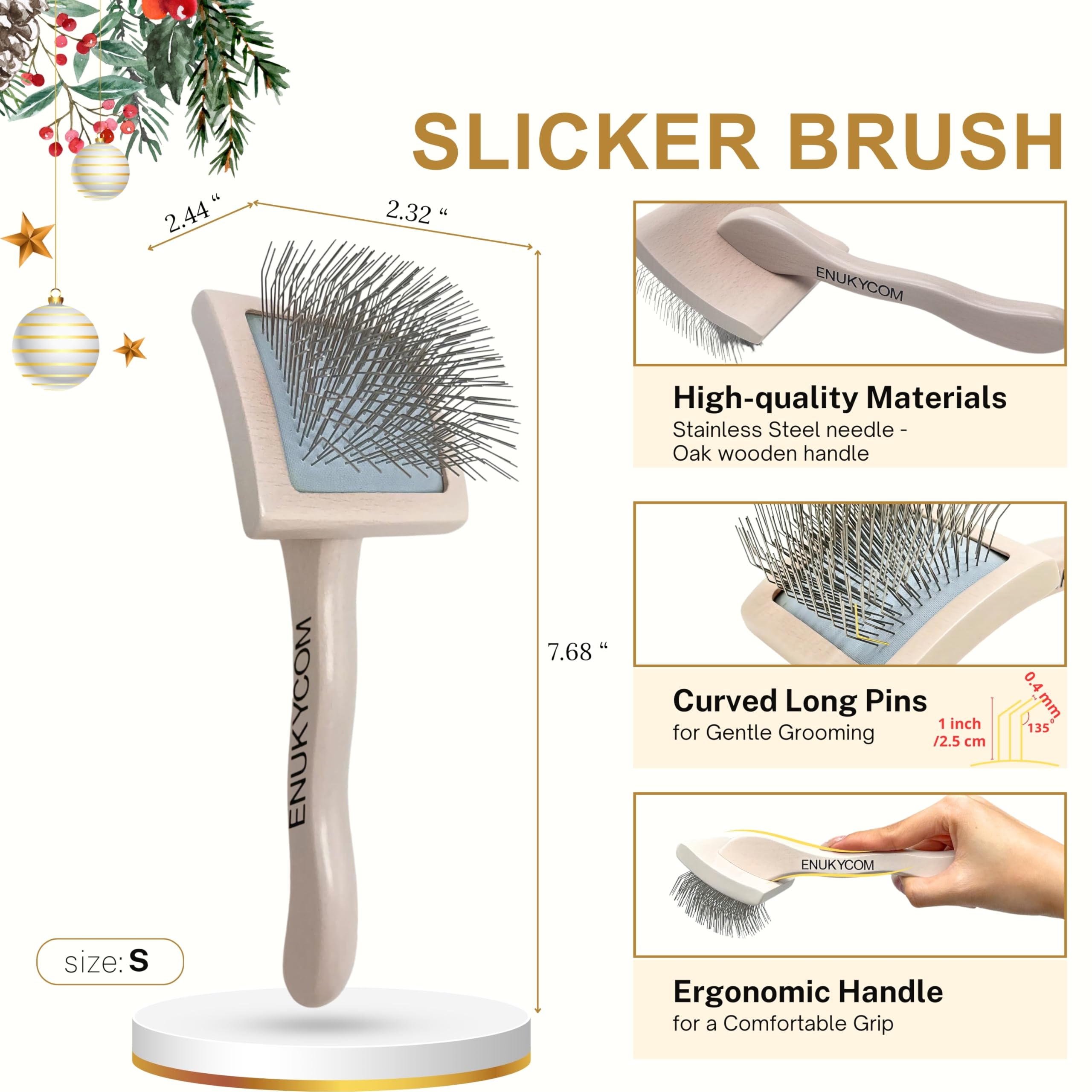 ENUKYCOM slicker brush with oak wood handle—ergonomic comfort during grooming.