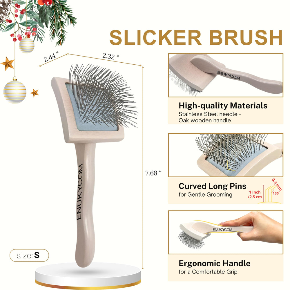 ENUKYCOM slicker brush with oak wood handle—ergonomic comfort during grooming.