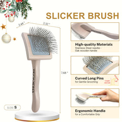 ENUKYCOM slicker brush with oak wood handle—ergonomic comfort during grooming.