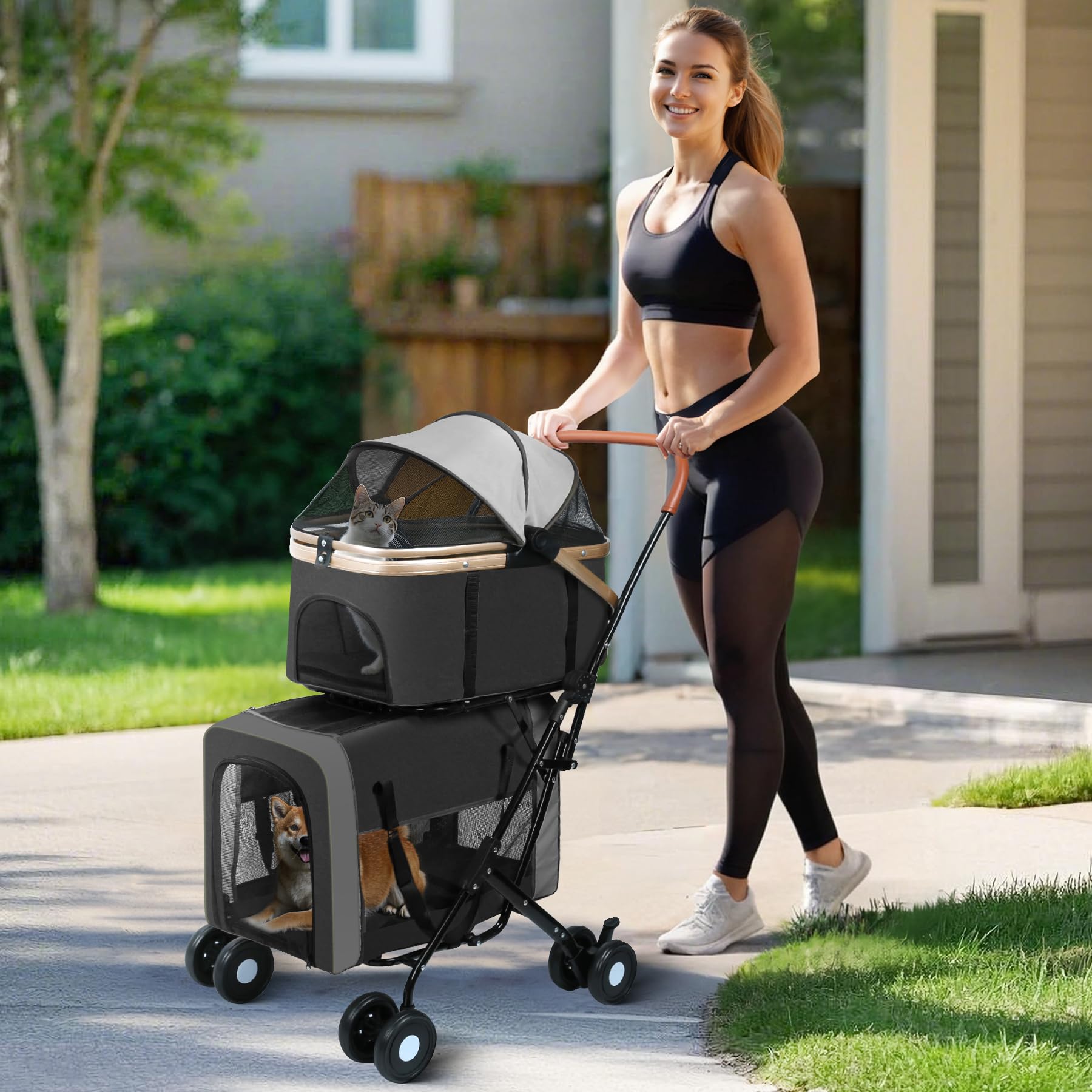 ENVTEK Double Pet Stroller dual storage pockets for treats and toys within reach.