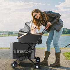 ENVTEK Double Pet Stroller side view highlighting breathable mesh for airflow.