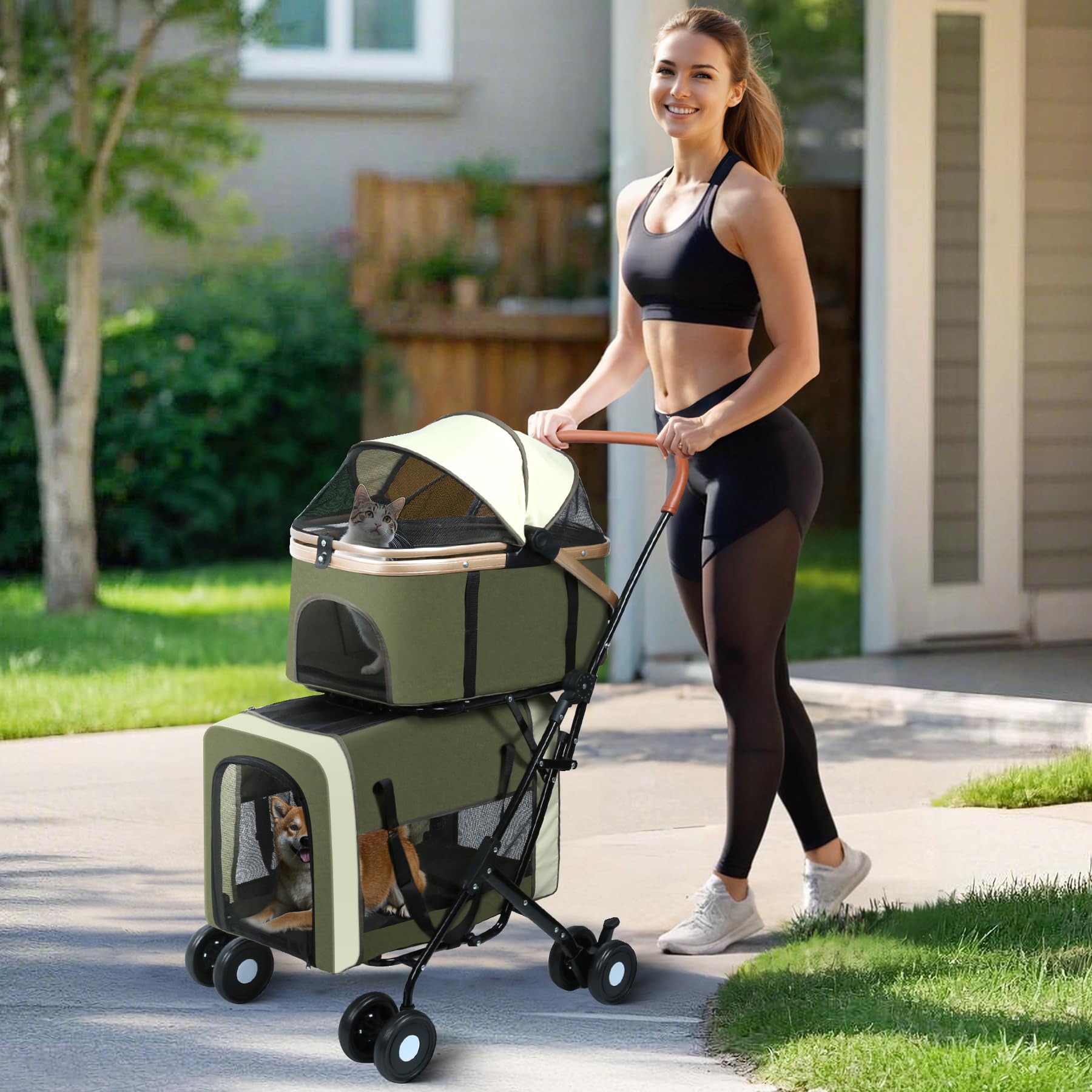 ENVTEK double-pet-stroller-storage-pockets keep treats and toys within reach.