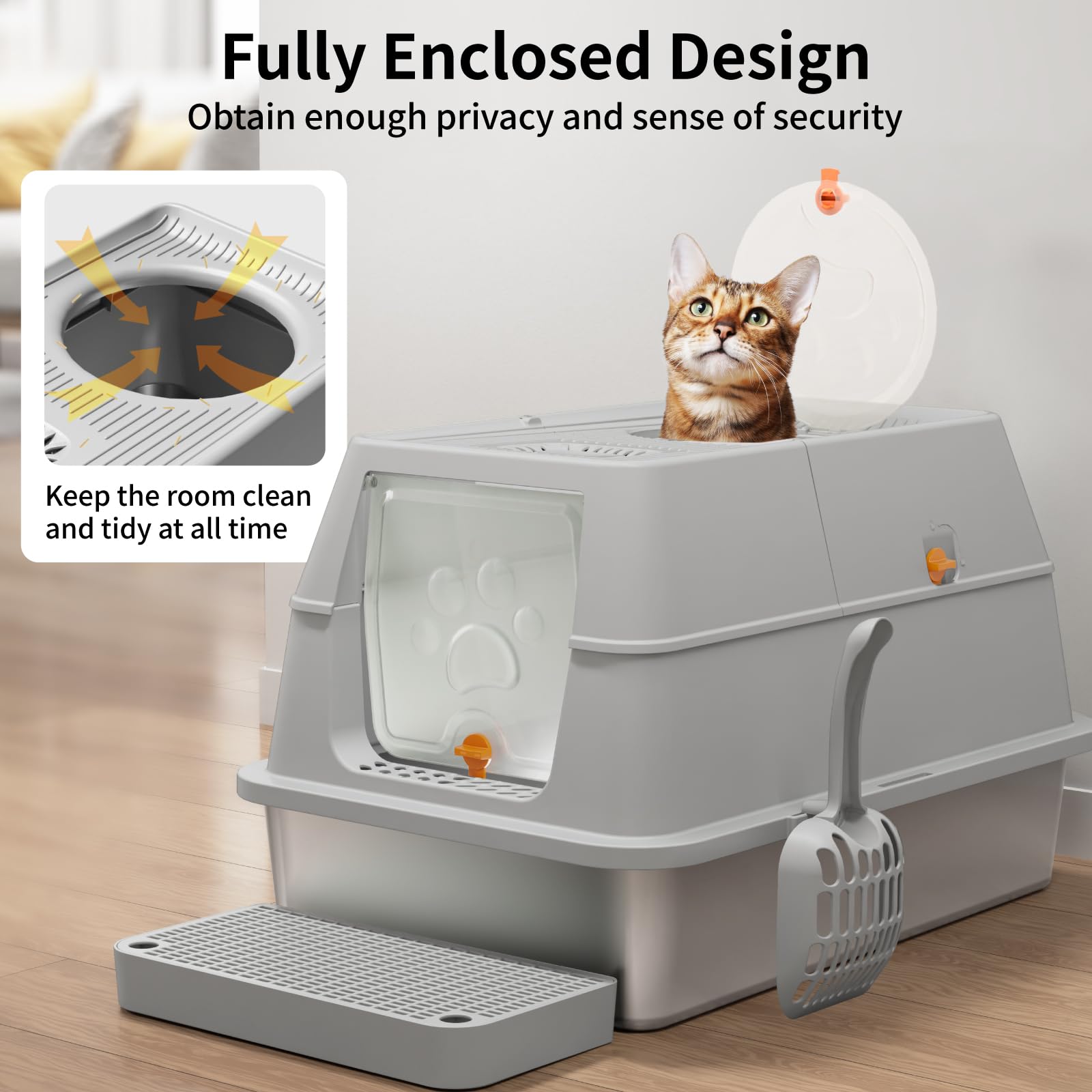 Eosarcu gray enclosed litter box in use in a home setting