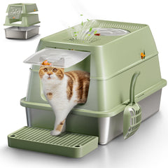 Eosarcu green stainless steel cat litter box front view for big cats.