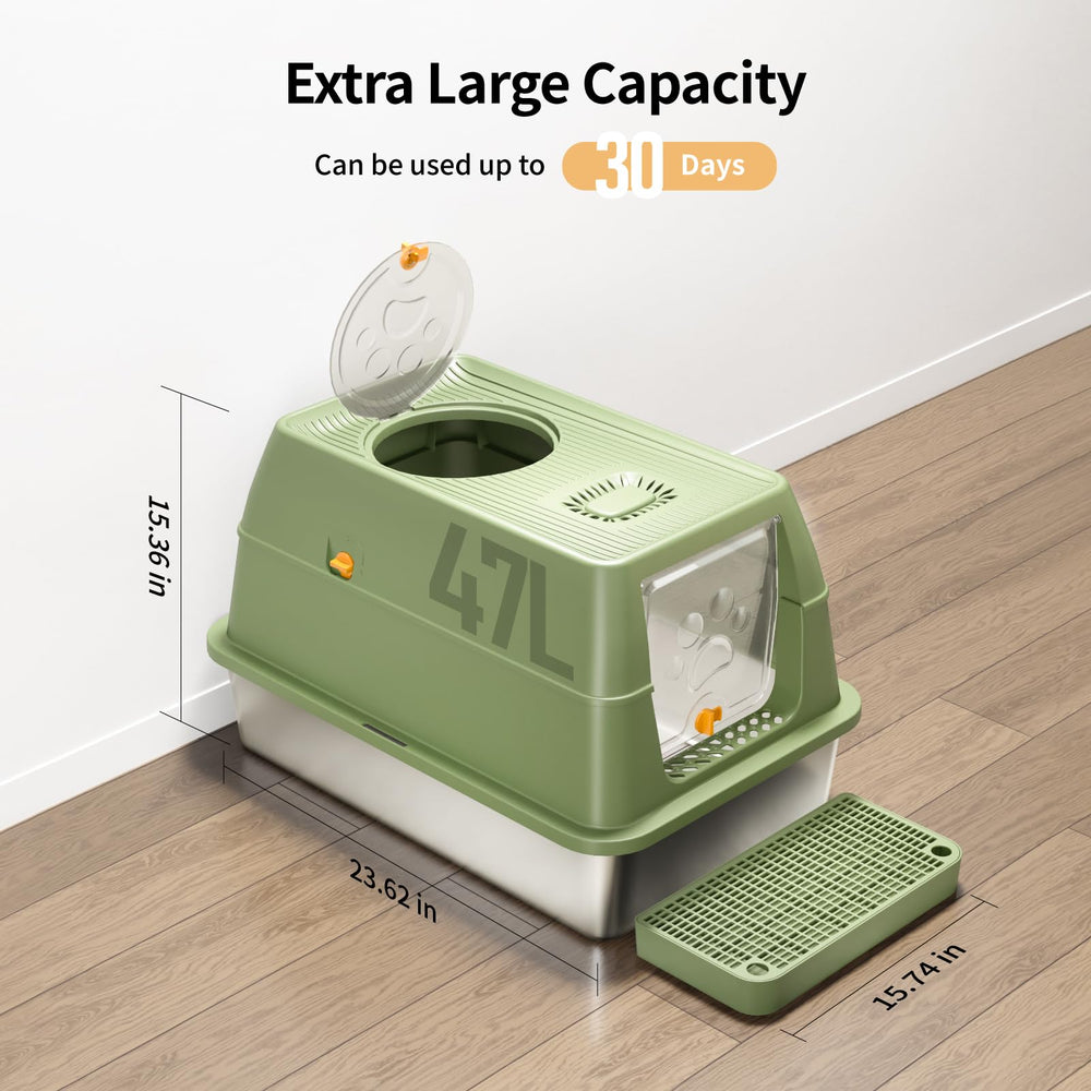 Eosarcu green stainless steel litter box top-entry view.