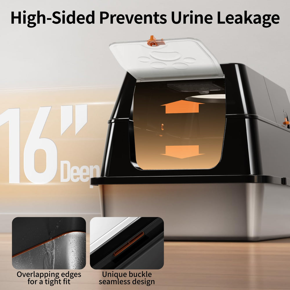 Eosarcu stainless steel litter box with steps helps contain litter.