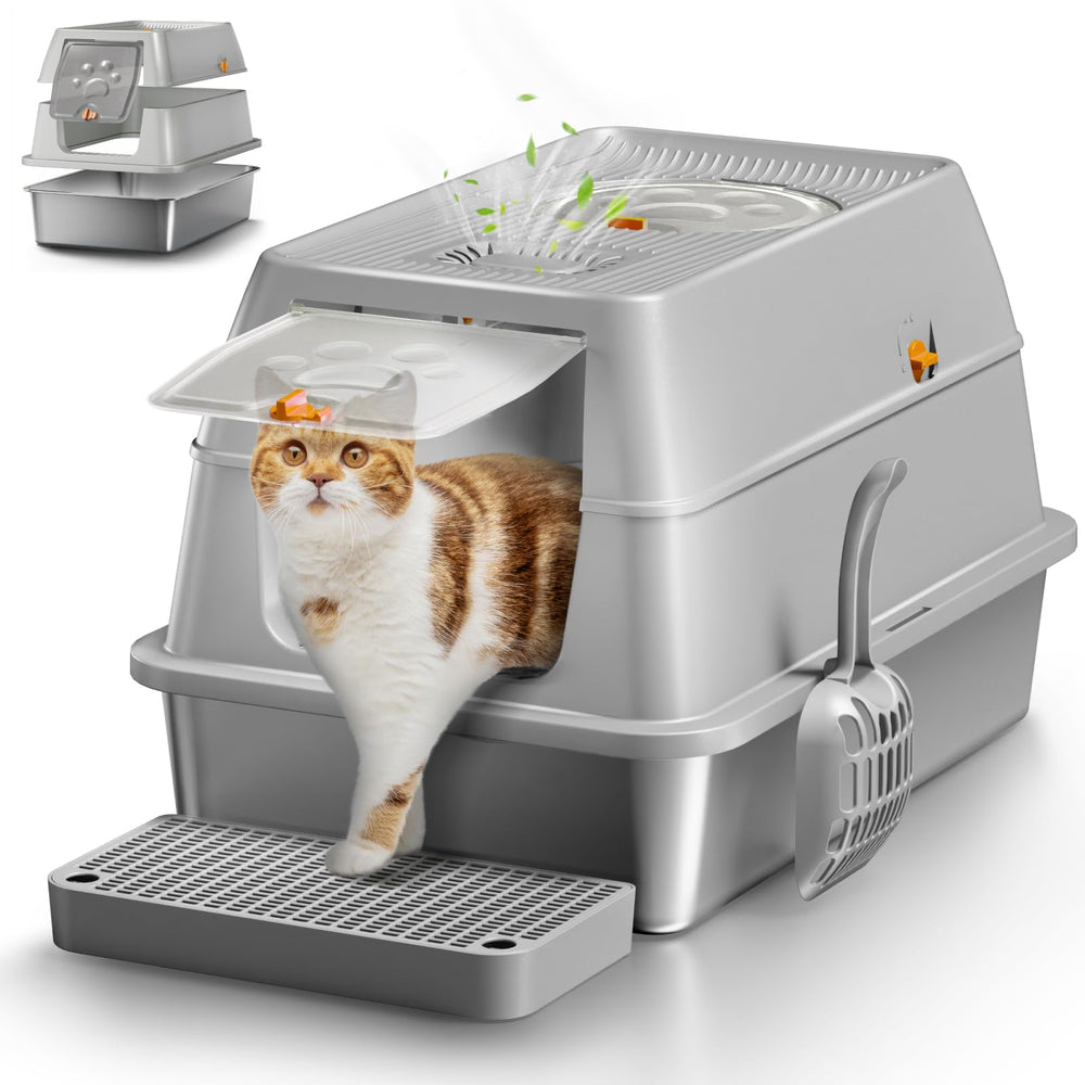 Eosarcu stainless steel litter box front view showing spacious entry for big cats