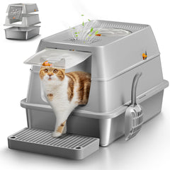 Eosarcu stainless steel litter box front view showing spacious entry for big cats