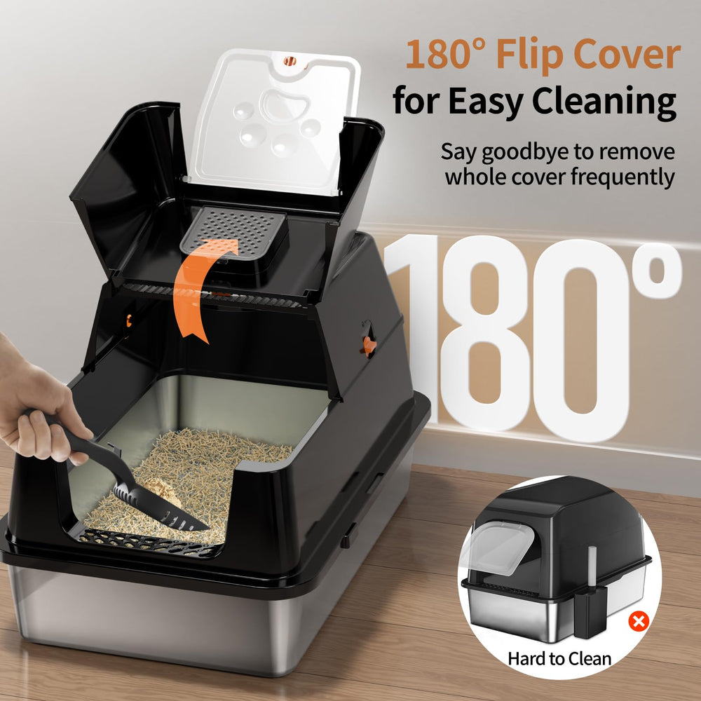 Eosarcu XL enclosed litter box with 16 inch high sides to reduce scatter.