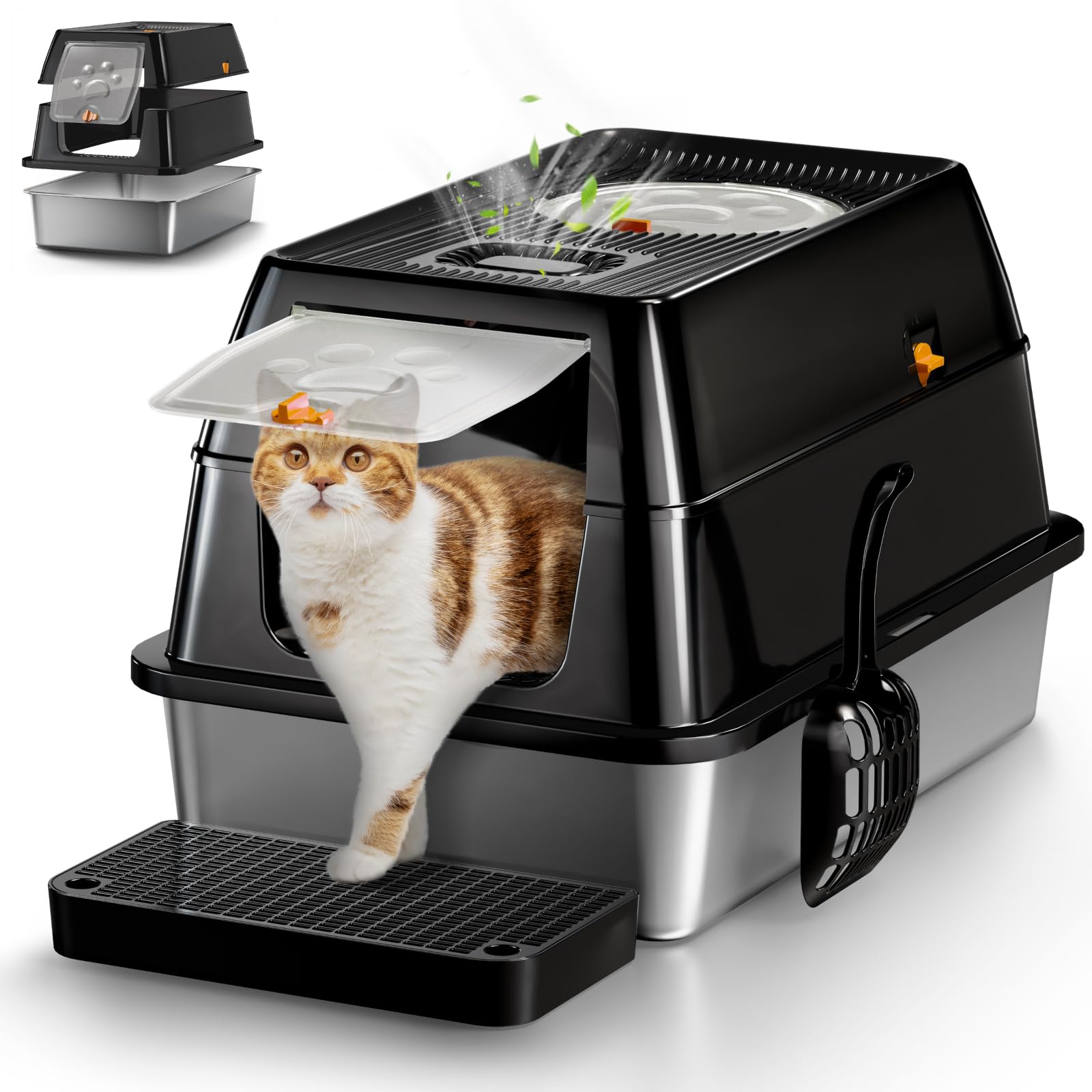Eosarcu XL stainless steel litter box lid front view shows odor-control features