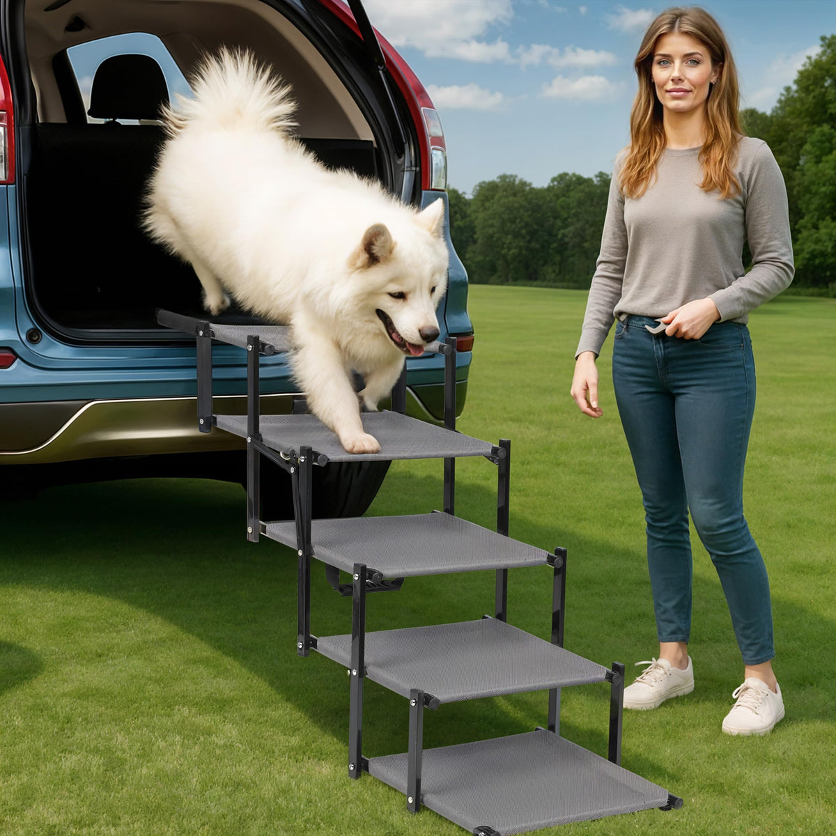 EOSET Dog Car Steps folded compactly for trunk storage and quick setup.