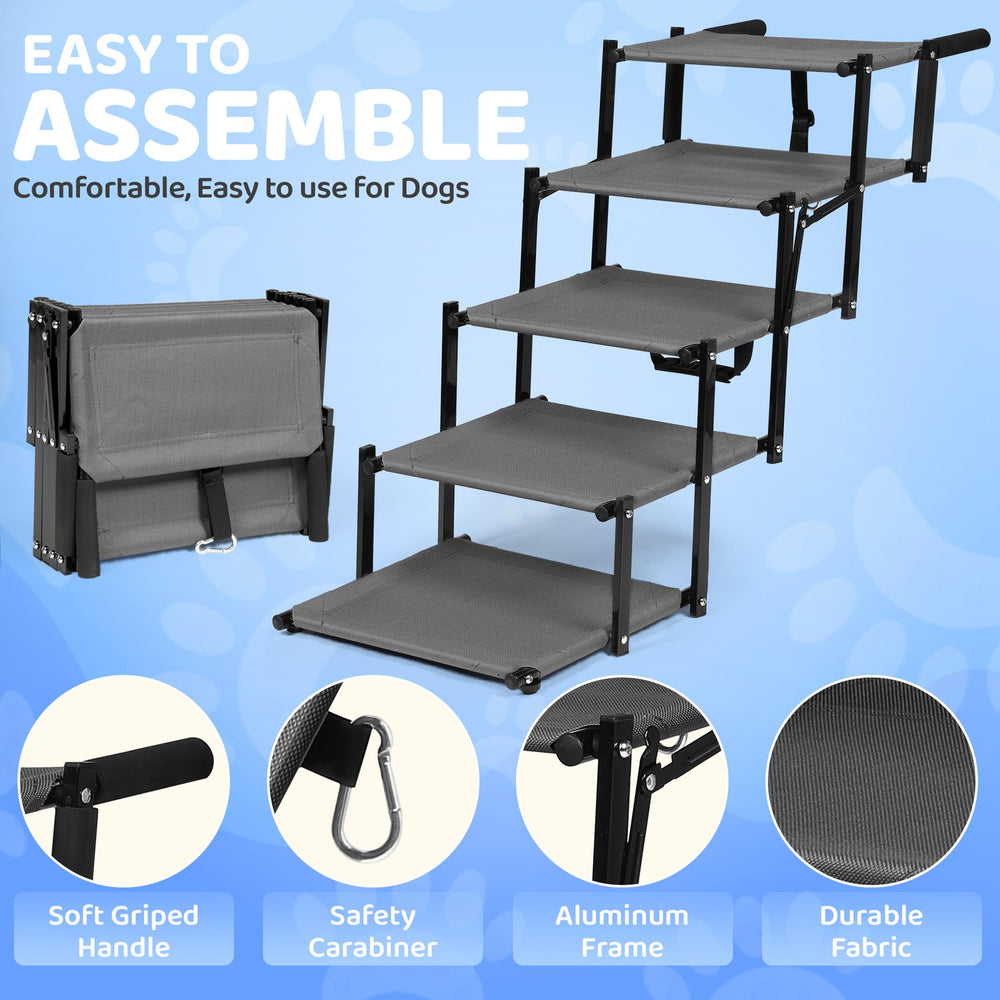 EOSET Dog Car Steps with carabiner attachment for stable vehicle anchoring.