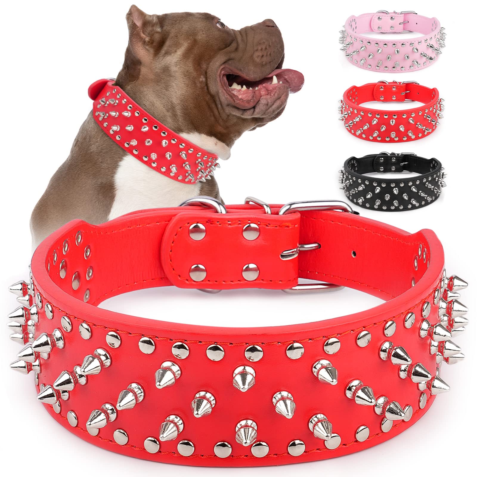Epesiri adjustable wide spiked collar red front view showing safe spikes and soft PU leather