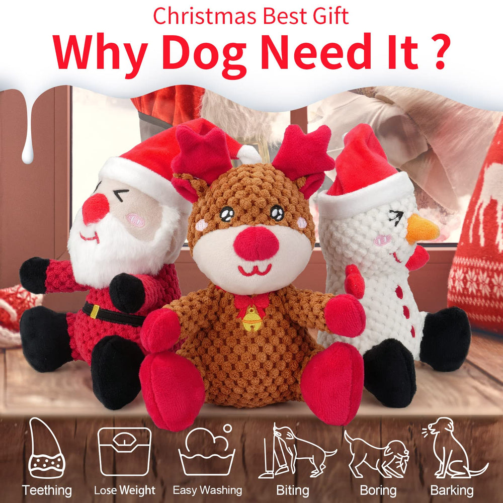 Epesiri Christmas plush snowman dog toy squeaks to spark interactive play sessions.
