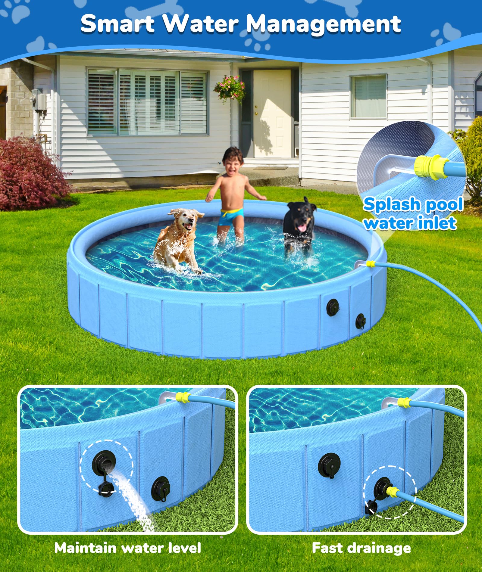 EPN large foldable dog pool water inlet and outlets enable simple water management.