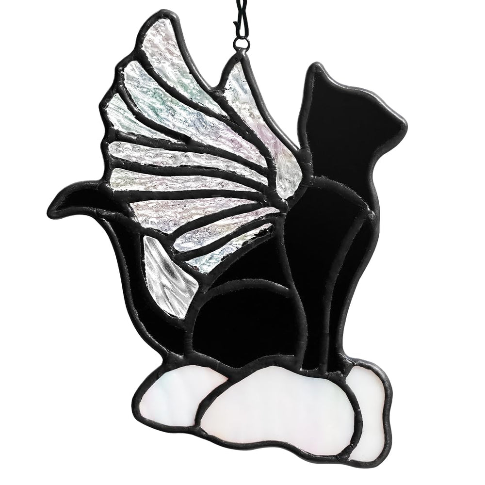EPOGIFTS stained glass black cat suncatcher catches light for window decor.