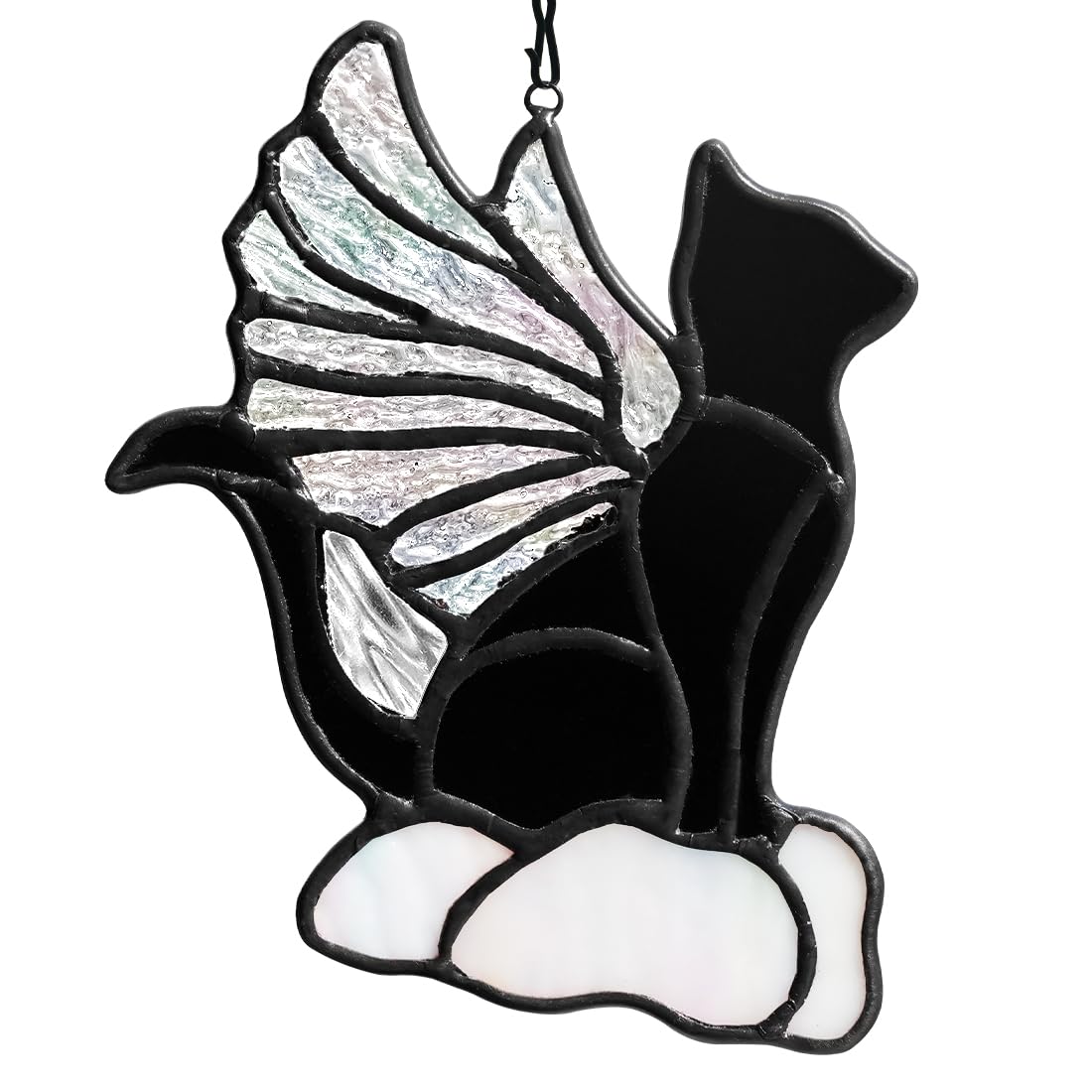 EPOGIFTS stained glass black cat suncatcher catches light for window decor.