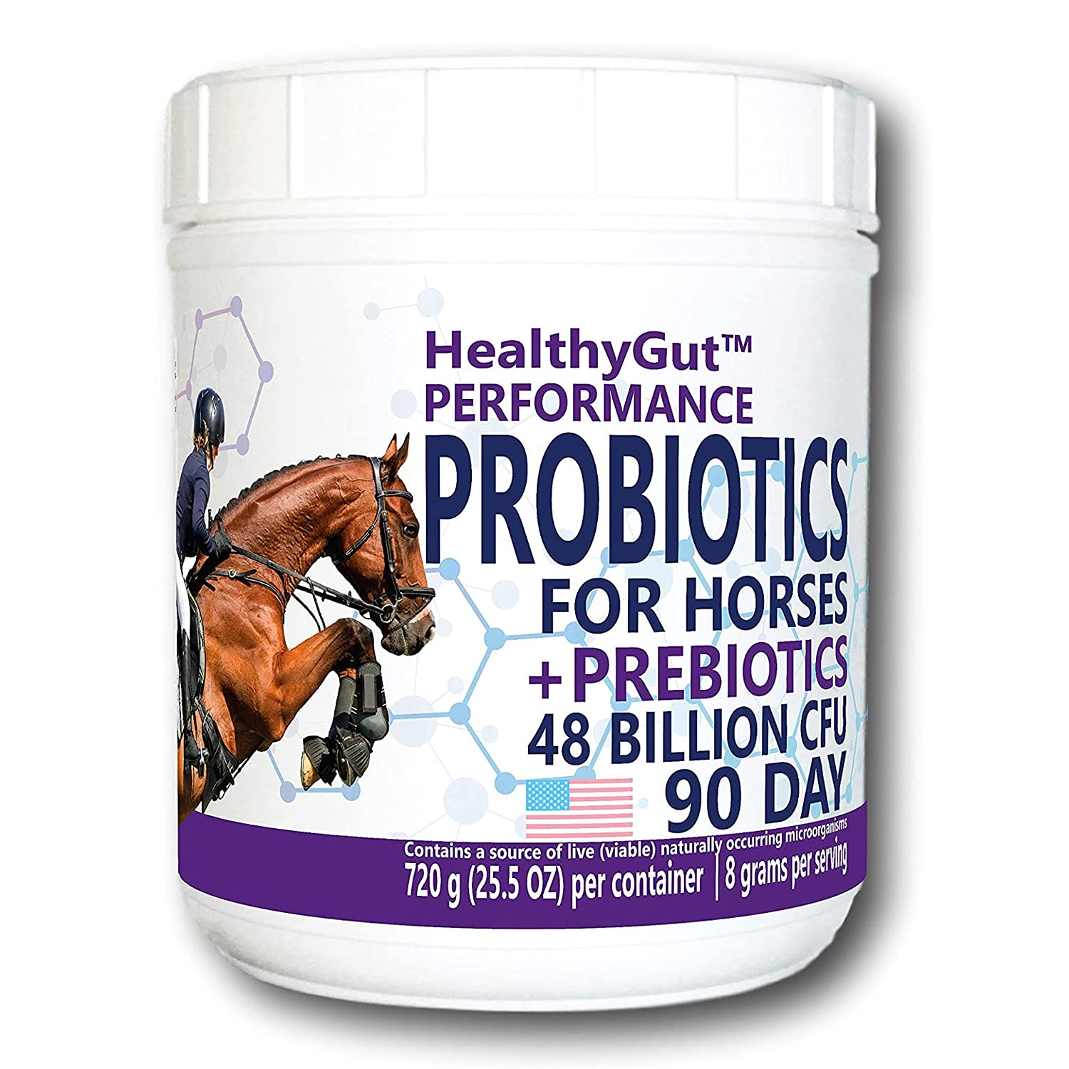 Equa Holistics HealthyGut Probiotics powder on horse food supports daily digestion