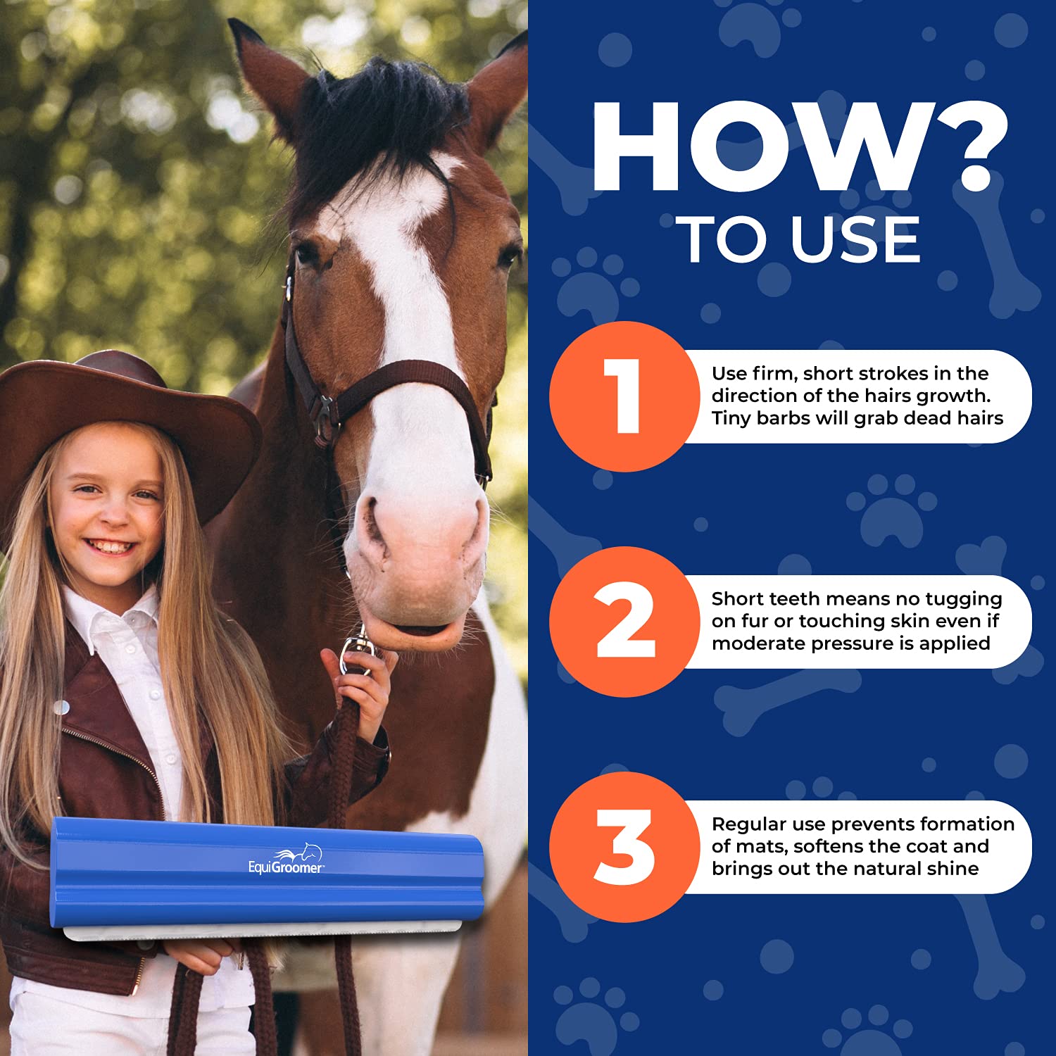 EquiGroomer deshedding brush ergonomic handle in use