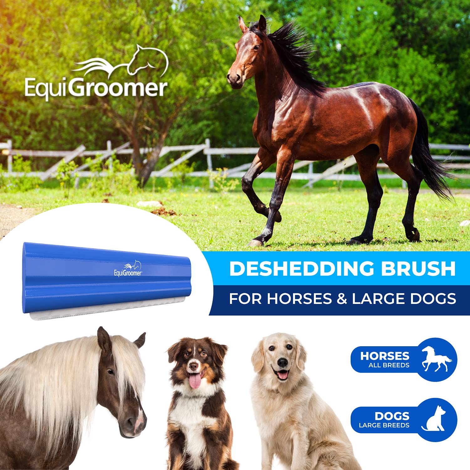 EquiGroomer deshedding brush in hand demonstrates easy grooming for large pets