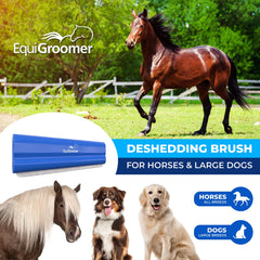 EquiGroomer deshedding brush in hand demonstrates easy grooming for large pets