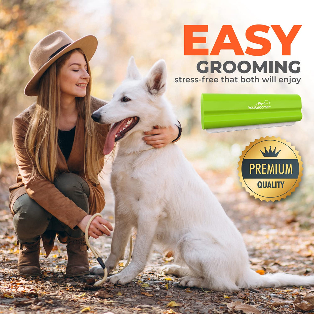 EquiGroomer Lime Green EasyGroomer brush in use on mixed fur types