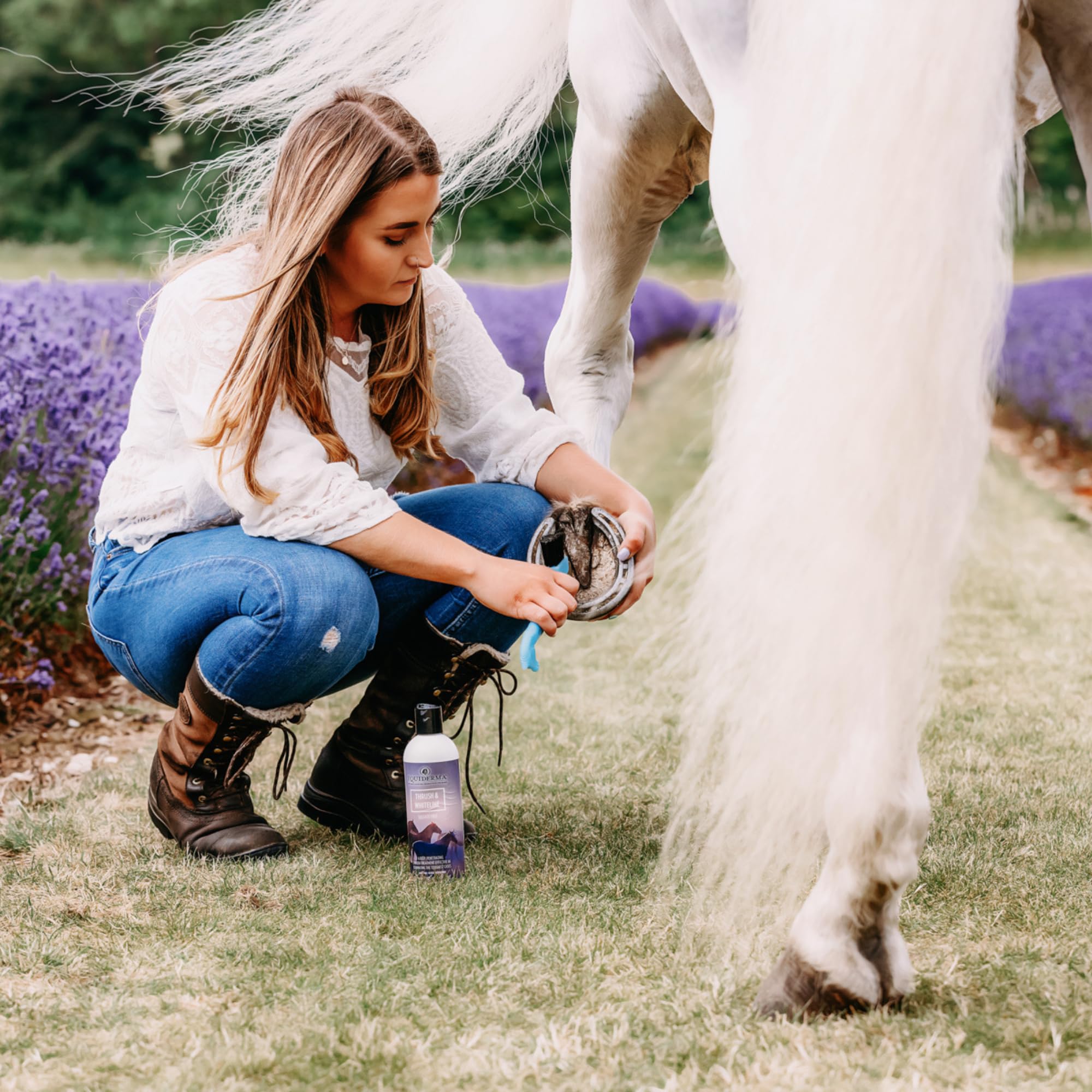 Equiderma hoof-care prep scene emphasizes cleanliness and gentle handling
