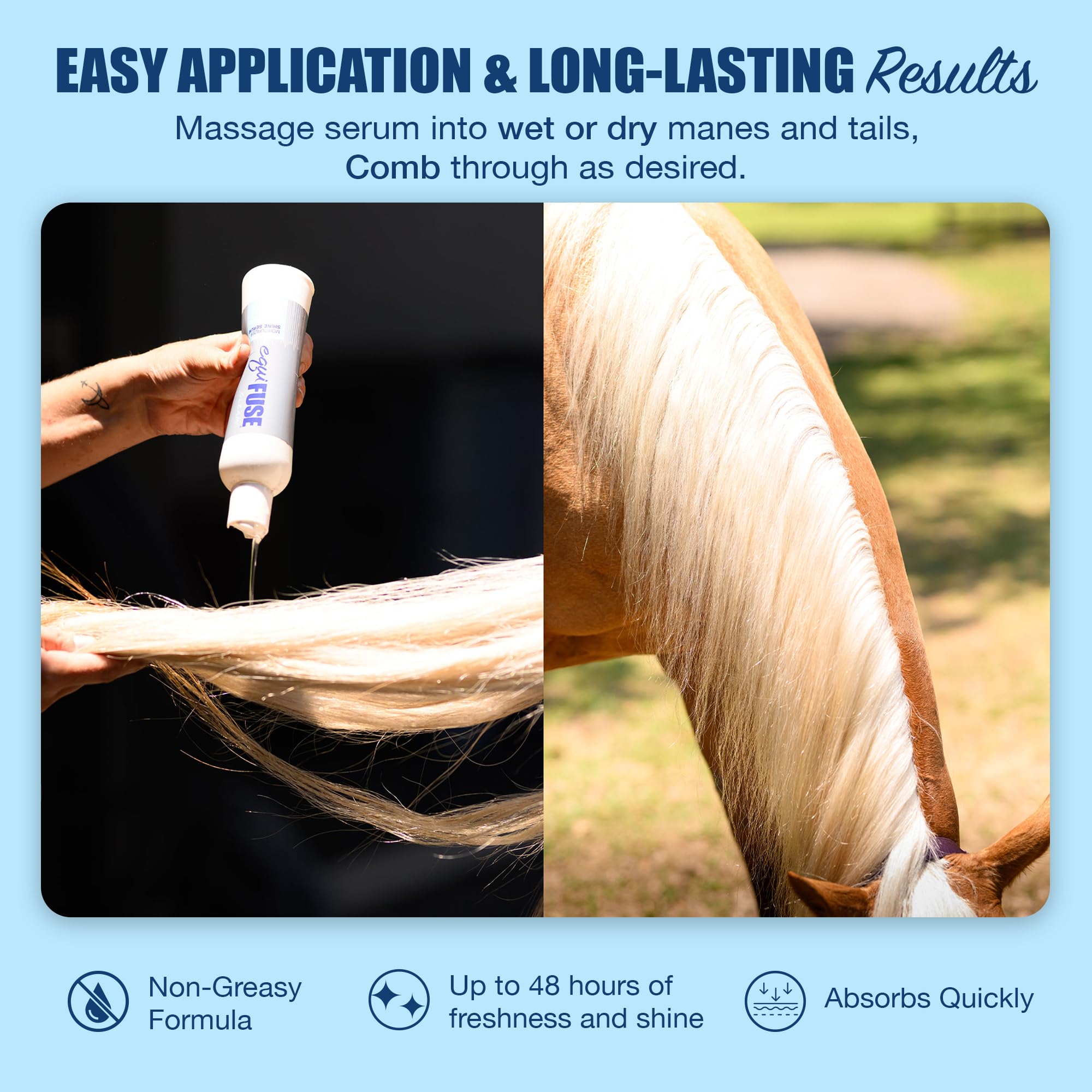 EquiFUSE Gleam on horse mane shows bright shine and silky softness.