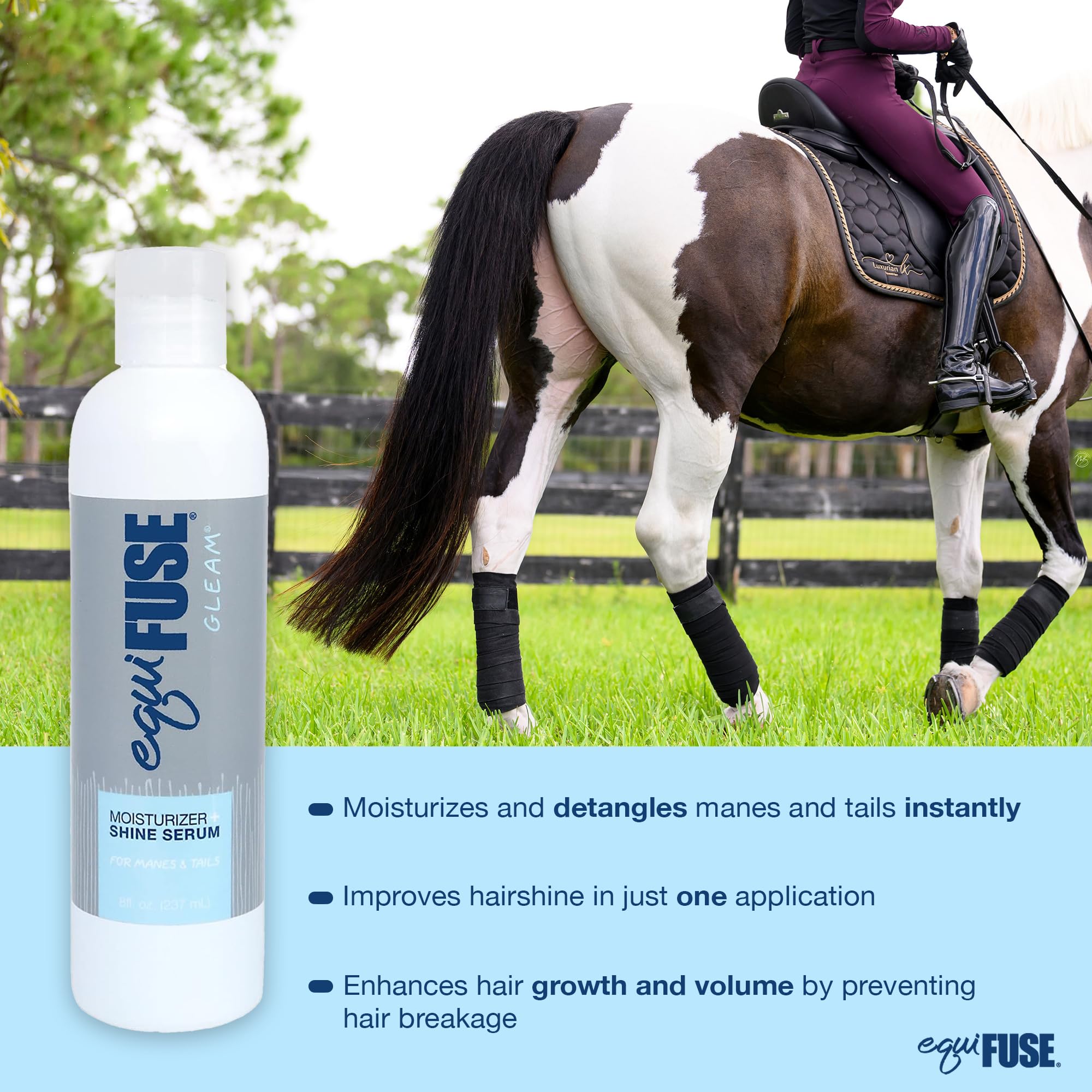 EquiFUSE Gleam non-greasy formula keeps coats clean while adding subtle gloss.