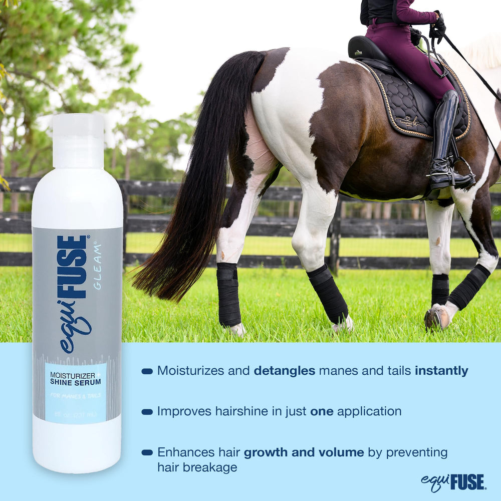 EquiFUSE Gleam non-greasy formula keeps coats clean while adding subtle gloss.