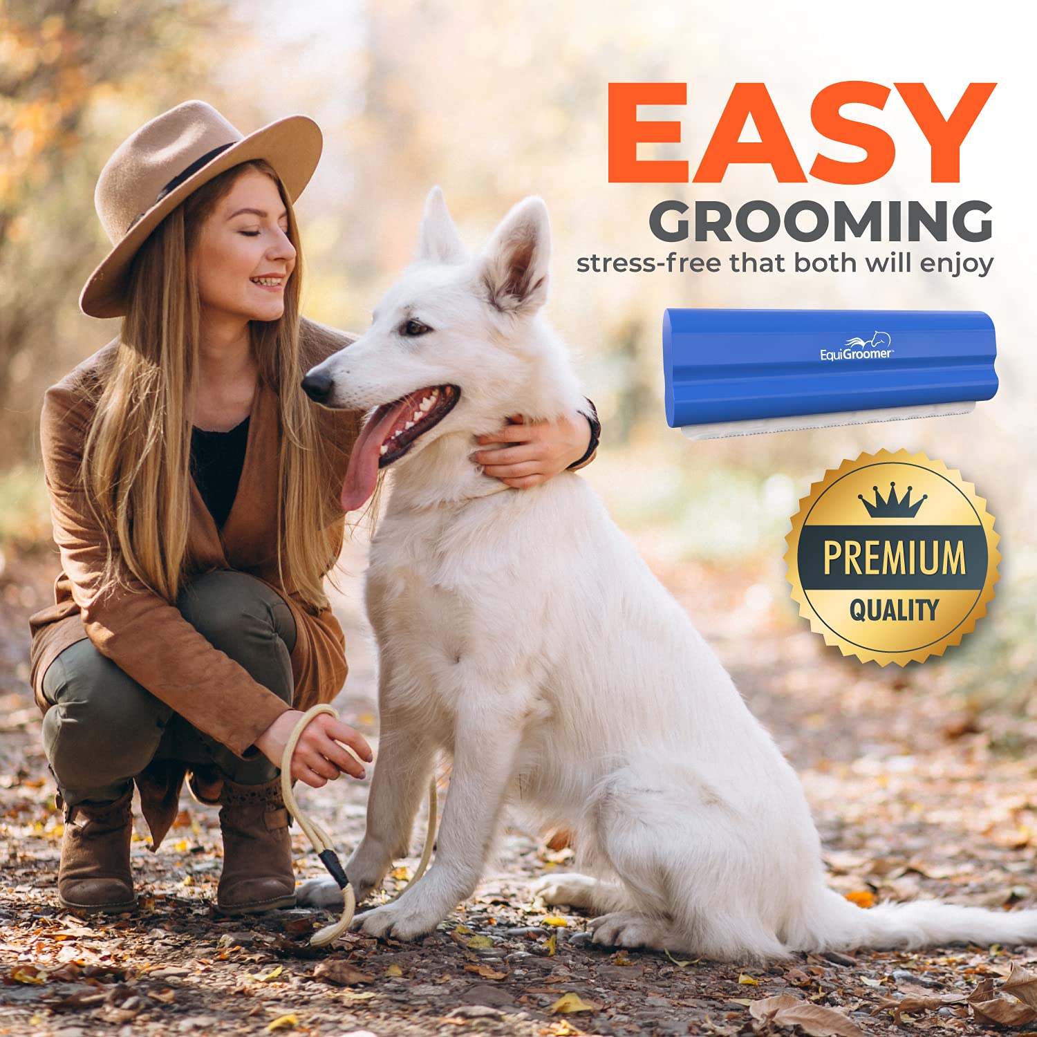 EquiGroomer EasyGroomer deshedding brush in use on pet for smooth coat