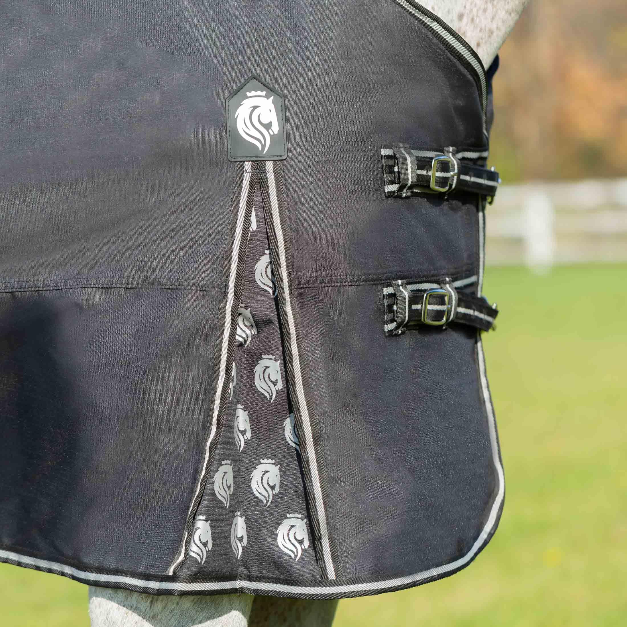 Equinavia Norse No Fill Rain Blanket worn on horse in paddock provides lightweight coverage.