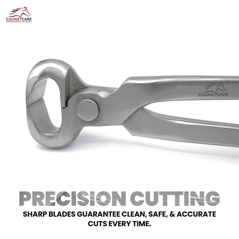 Equine Care hoof nipper features ergonomic non-slip grip for comfortable trimming.